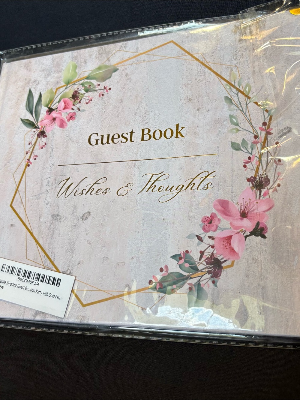 White Marble Colored Hardcover Floral Guest Book "Wishes & Thoughts" Pink & Gold